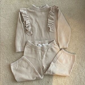 Beige Ruffled Knit Sweater and Pants Set